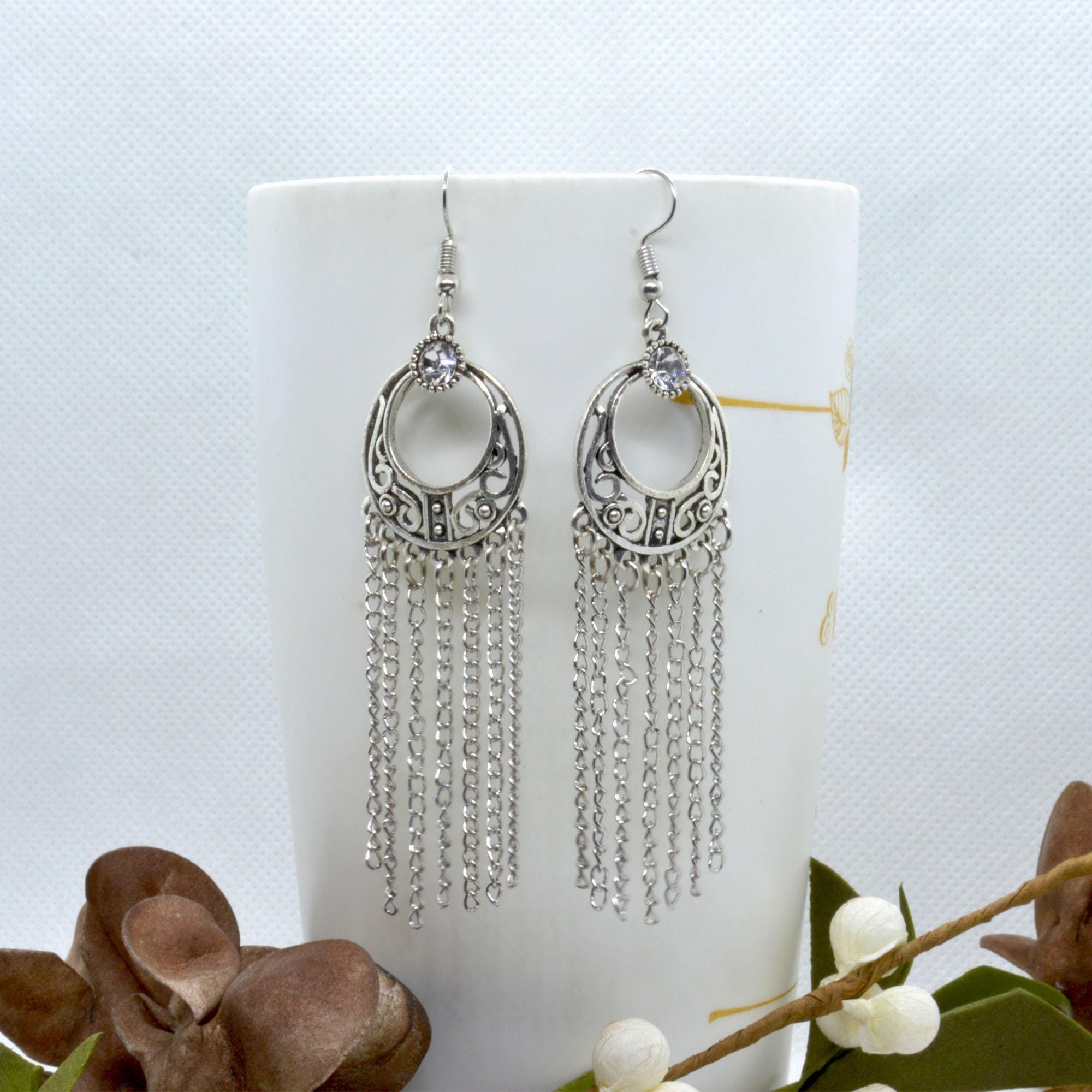 Silver Long Chandbali Metallic Tassel Dangling Earrings For Women