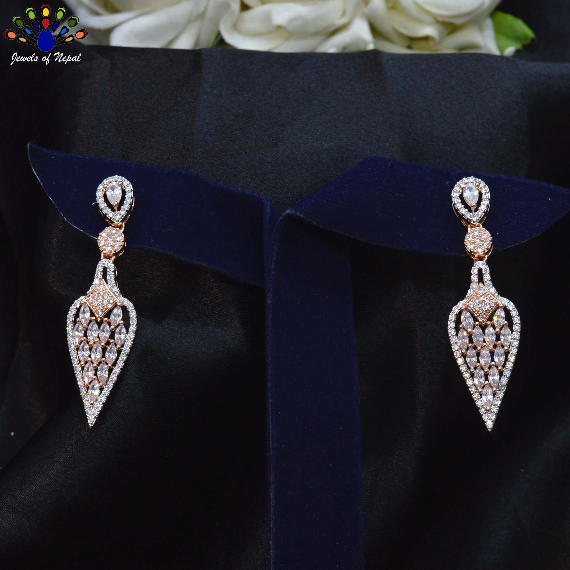 Jewels of Nepal American Diamond Stone Studded Leaf Designed Drop Earrings for Women - Image 2