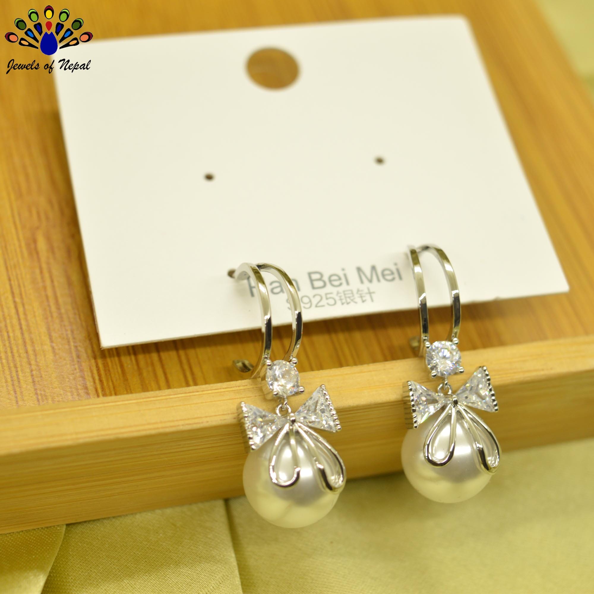 Jewels of Nepal CZ Stones Studdd S925 Faux Moti Drop Dangling C-Hoop Earrings For Women - Image 2