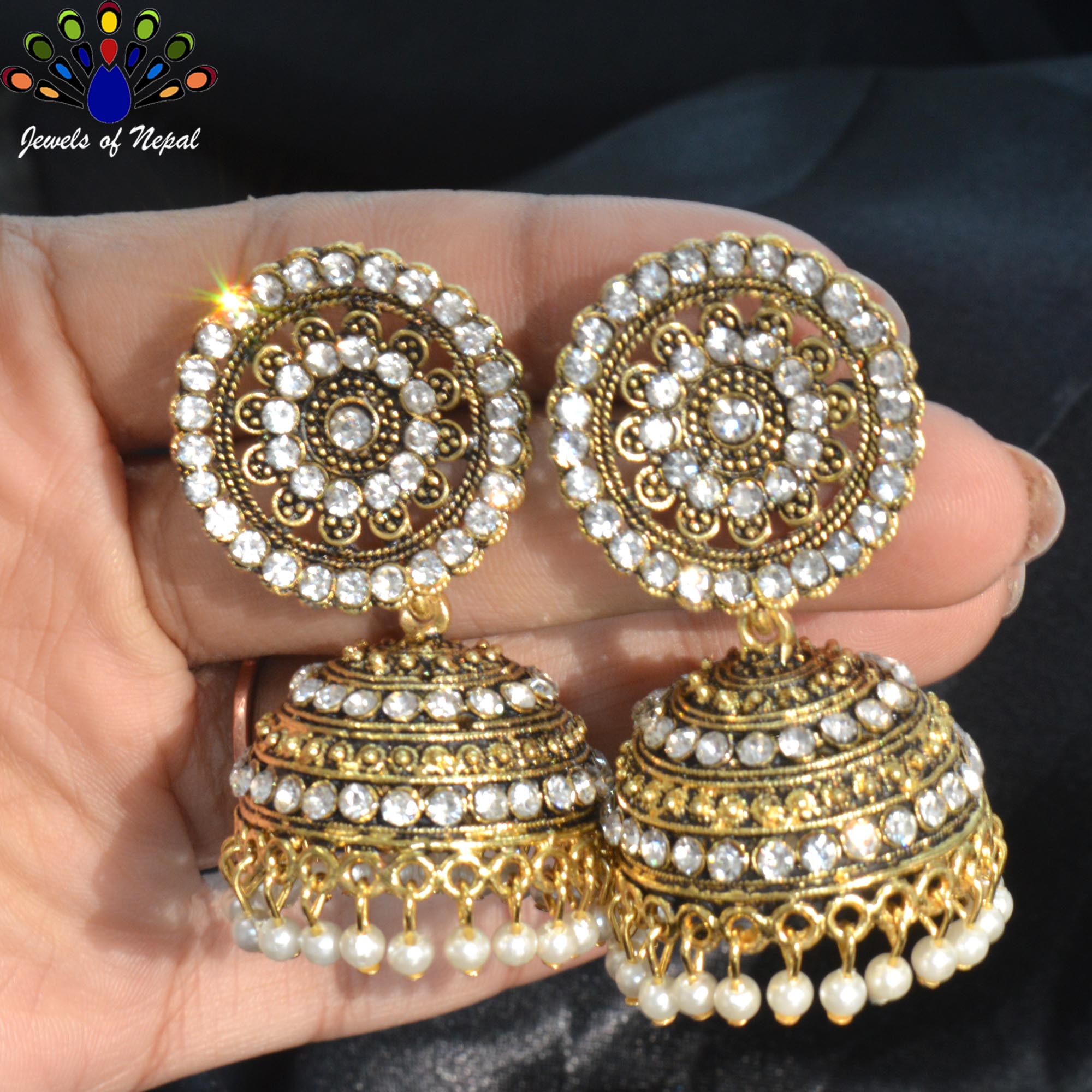 Jewels of Nepal Golden Stone Studded Round Top Pinjada Earrings For Women - Image 3