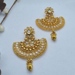 Gold Toned Kundan Stone Studded Chandbali Earrings For Women