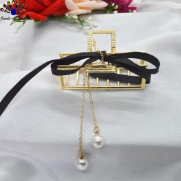 Jewels of Nepal Viral Ribbon Long Faux Pearl Drop Rectangular Body Metal Hair Claw Clip For Women