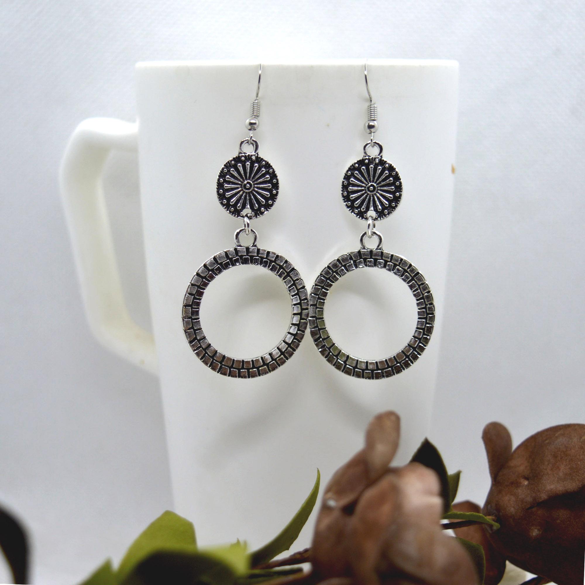 Golden/Silver Aztec Patterned Double Circular Earrings For Women - Image 2