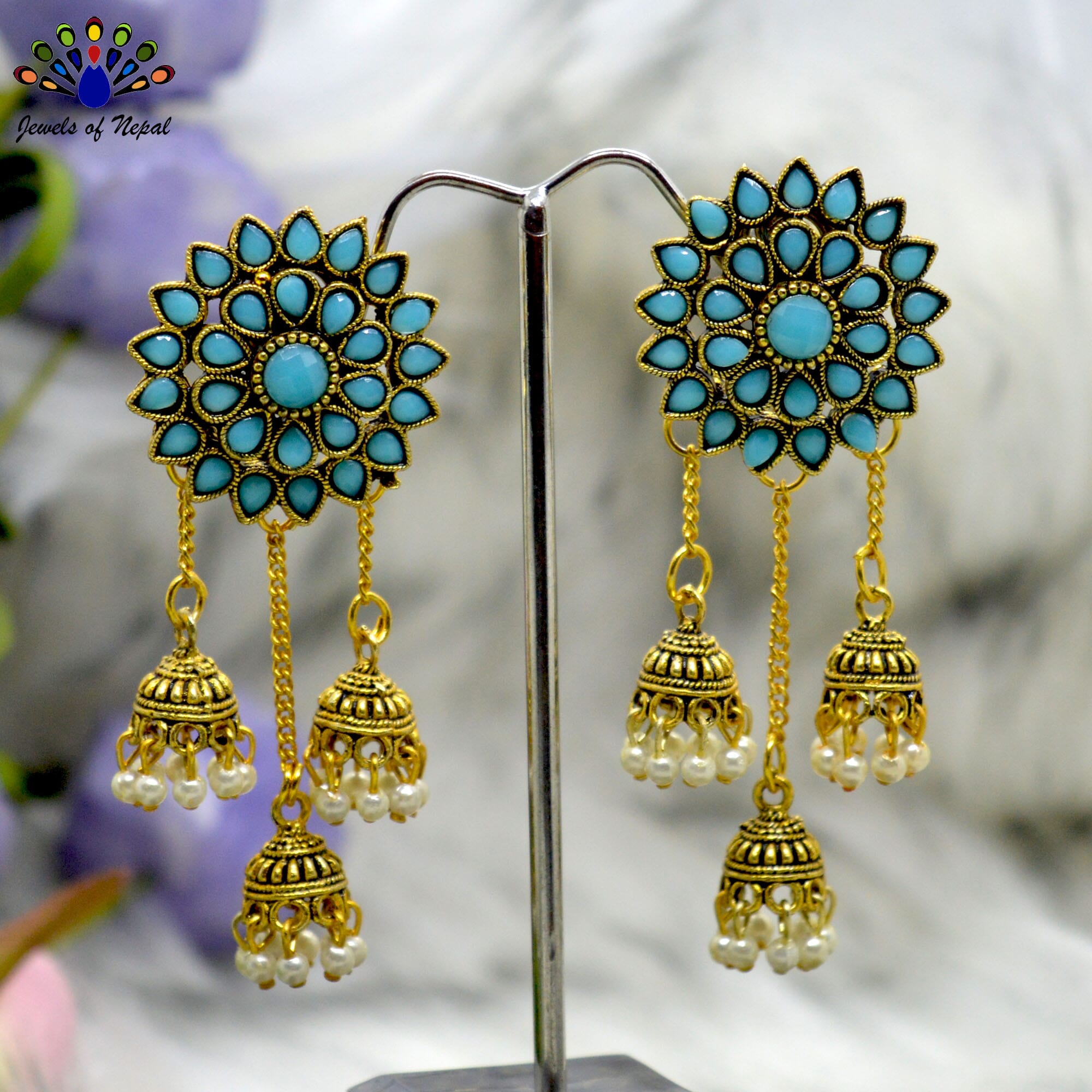 Floral Designed Top Chain Pinjada Drop Earrings for Women - Image 3