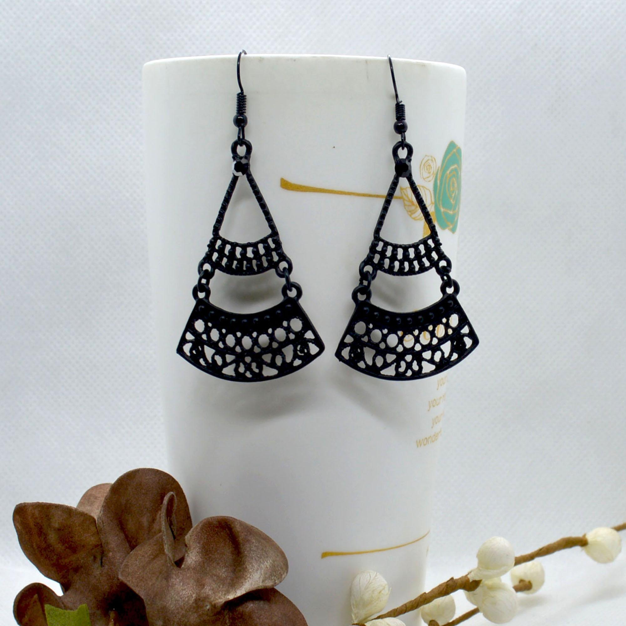 Black Stoned Cut Patterned Drop Earrings For Women - Image 2