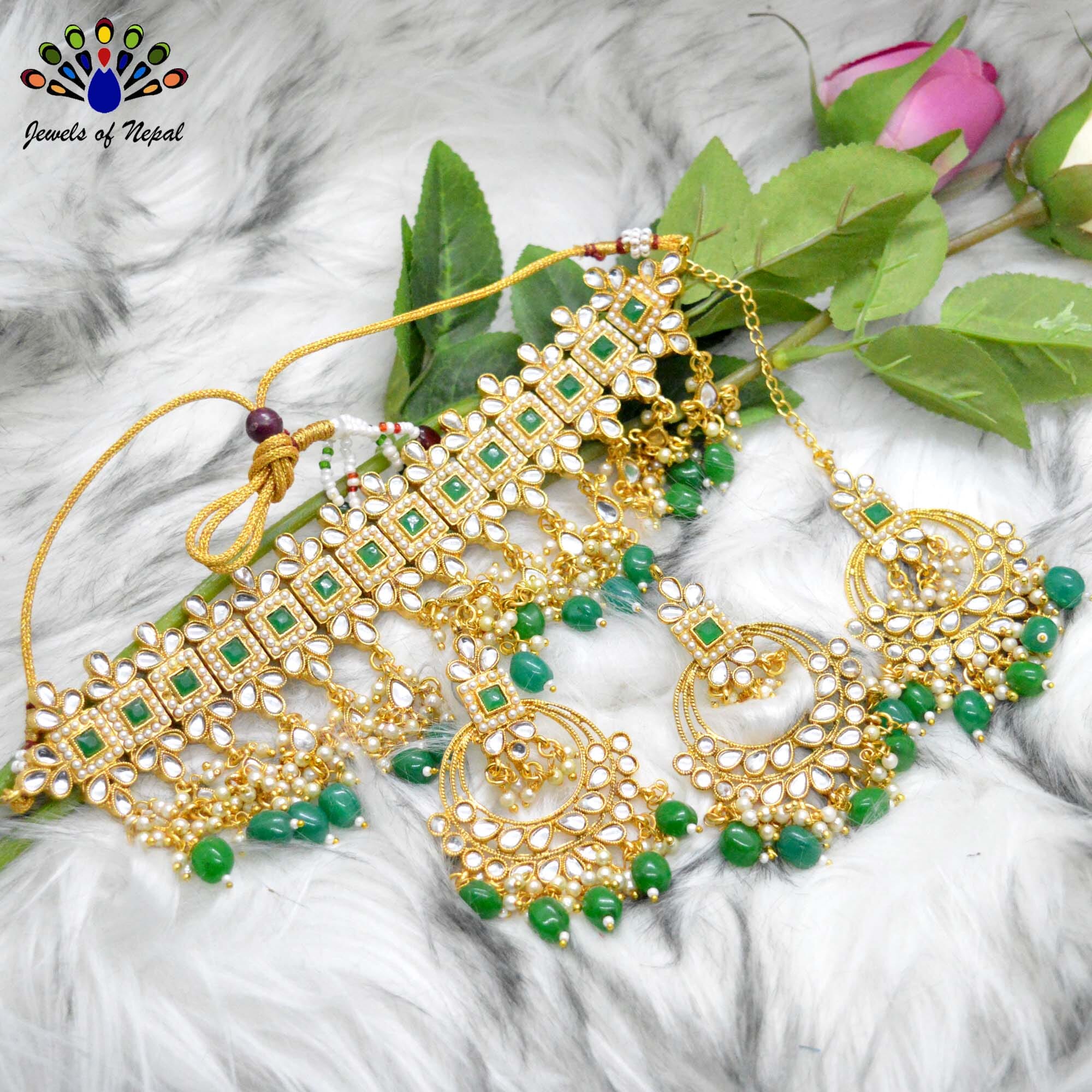 Faux Moti & Beads Beaded Adjustable Choker Set With Earrings & Maangtika by Jewels of Nepal - Image 7