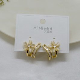 Jewels of Nepal S925 Faux Moonstone Flower Designed C-Hoop Stud Earrings