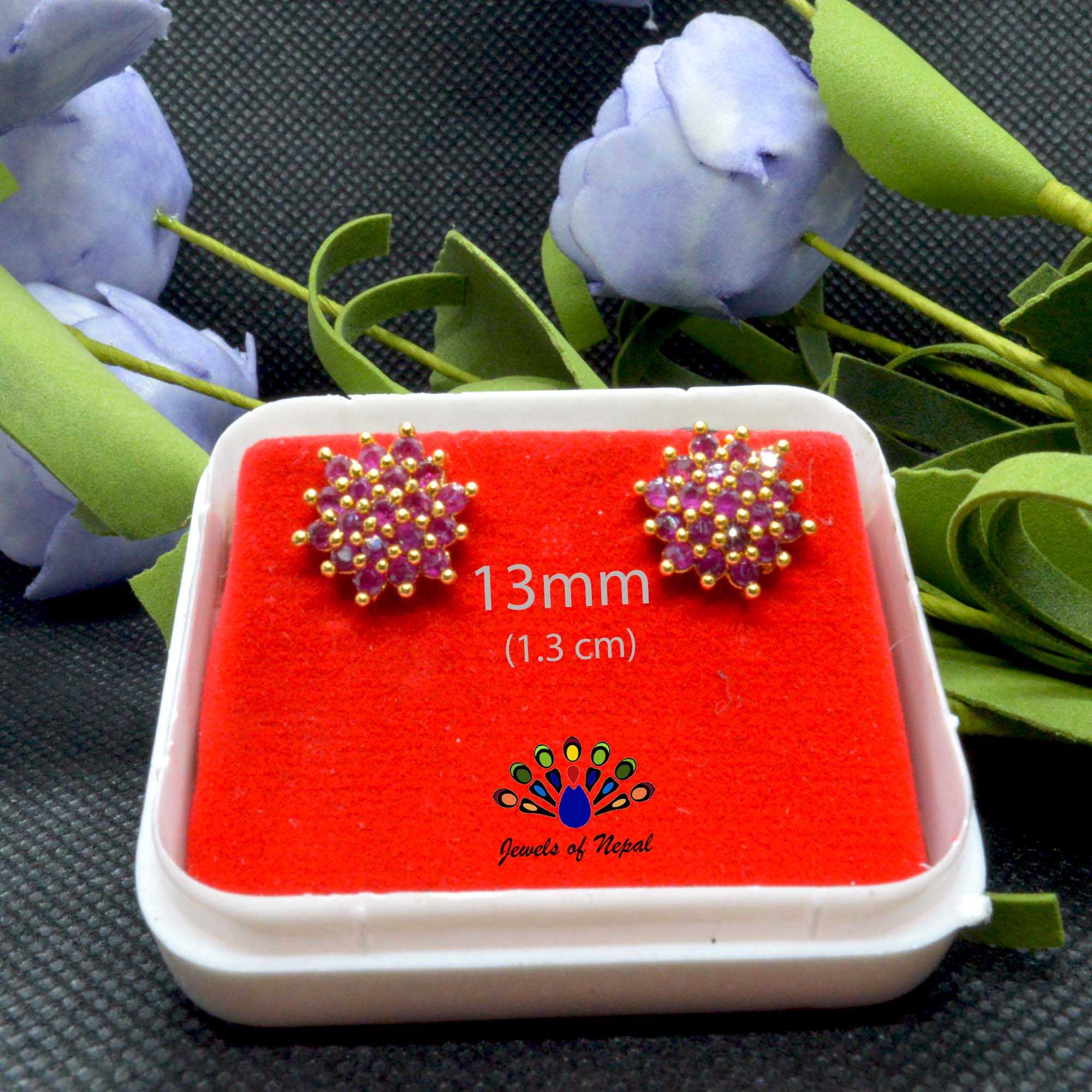 Faux Ruby / White Stone Gold Plated Thaka Earring Studs For Women- 1 Pc - Image 7