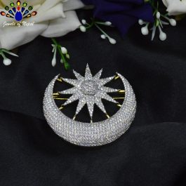 Jewels of Nepal Imitation Diamond (American Diamond) 5A Grade CZ Studded Crescent Moon and Sun Designed Brooch for Women