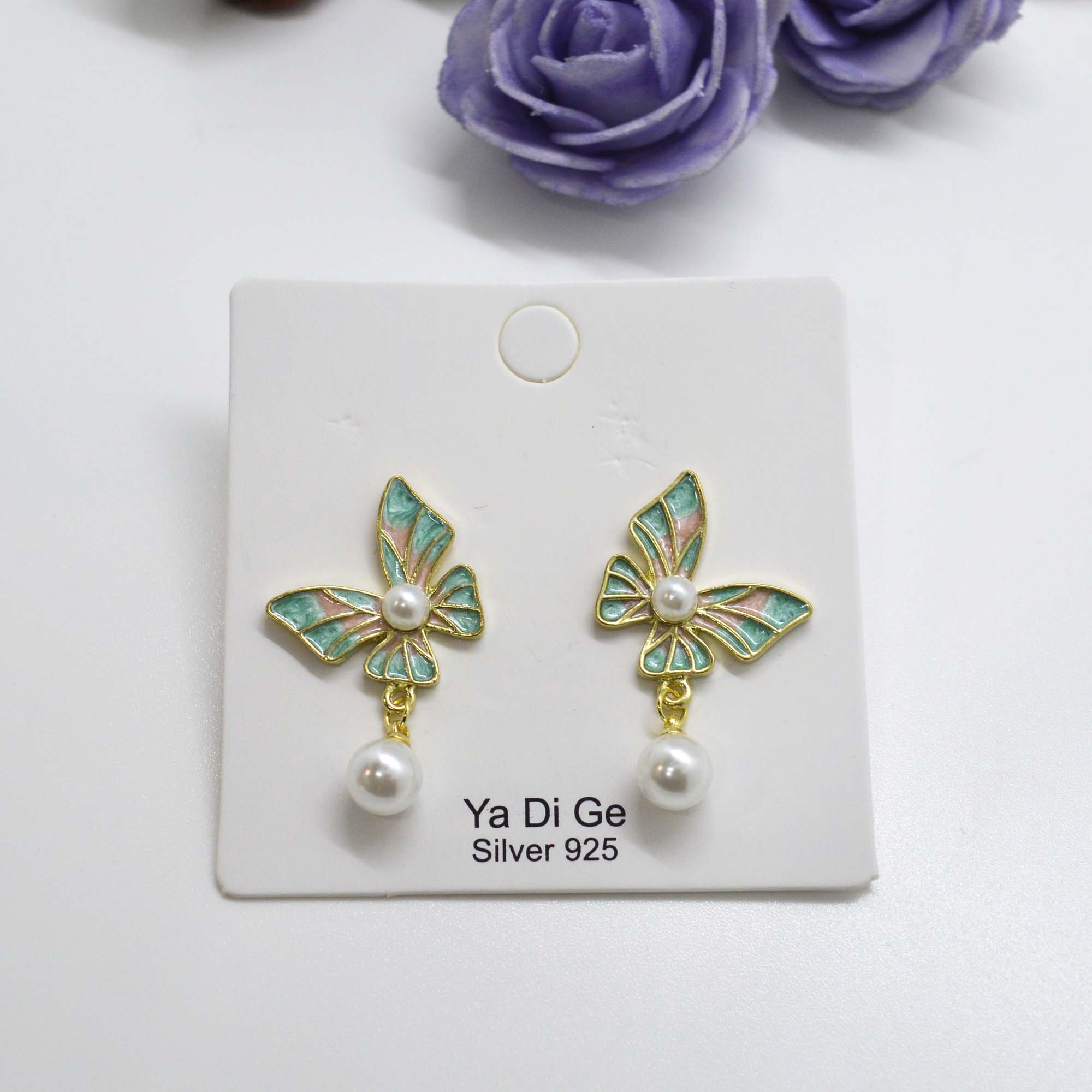 Jewels of Nepal Resin Art Butterfly Designed Simulated Pearl Drop Stud Earrings for Women - Image 2