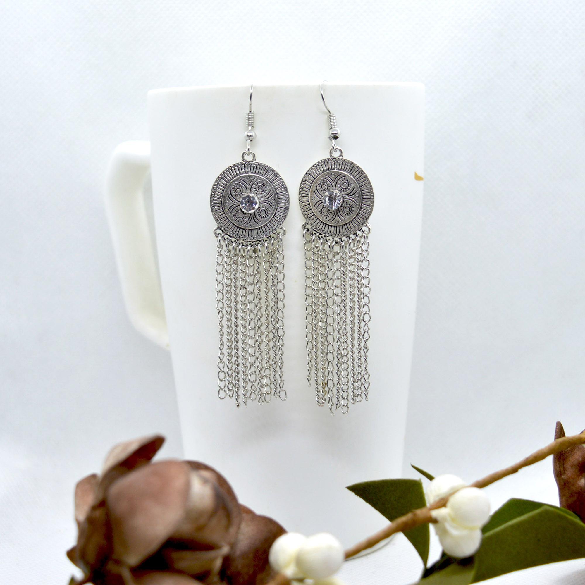 Silver/White Stoned Round Aztec Patterned Chain Tassel Earrings For Women - Image 2