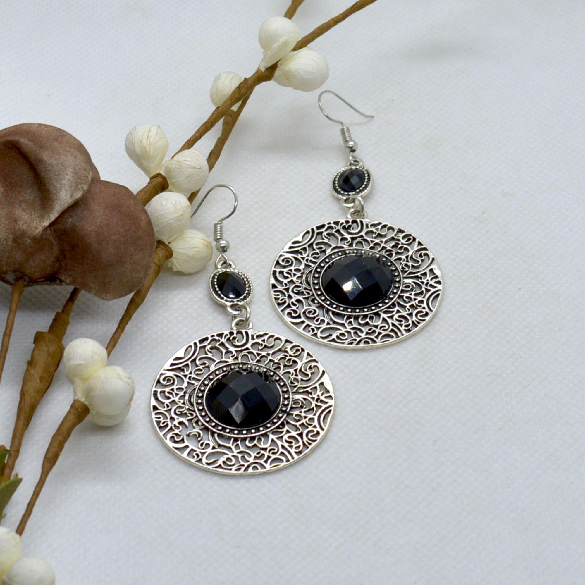 Silver/Black Circular Drop Stoned Self Patterned Earrings - Image 2