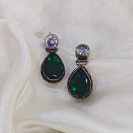 Oxidized Silver Big Drop Stone Earrings